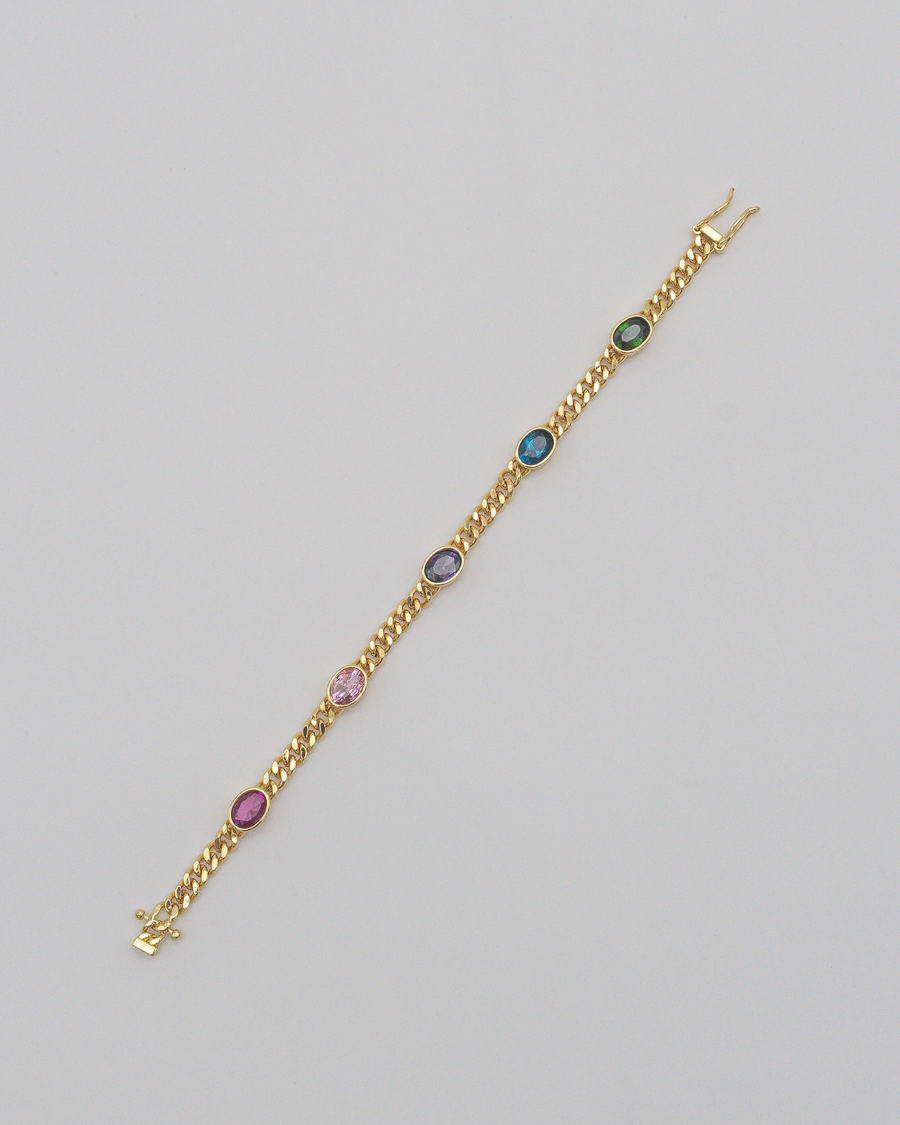 Goldenes Panzerarmband mit bunten Steinen — Detail