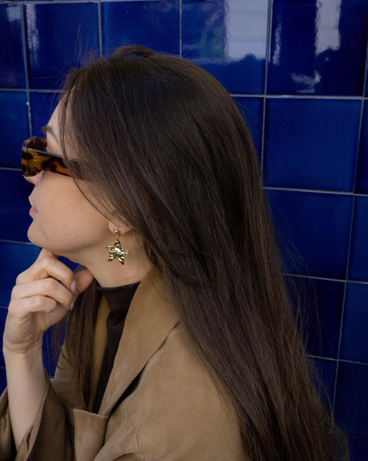 Star Earring Gold Blue — Macro