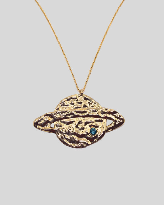 Saturn Necklace Gold — planet pendant with blue zirconia on a fine chain