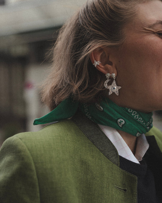Star Earring Silver Blue — styled with a green blazer